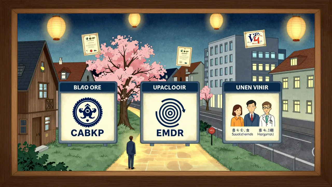 Město s třemi specializovanými centry pro poruchy, symbolizující přístup k odborné péči, styl ukiyo-e.