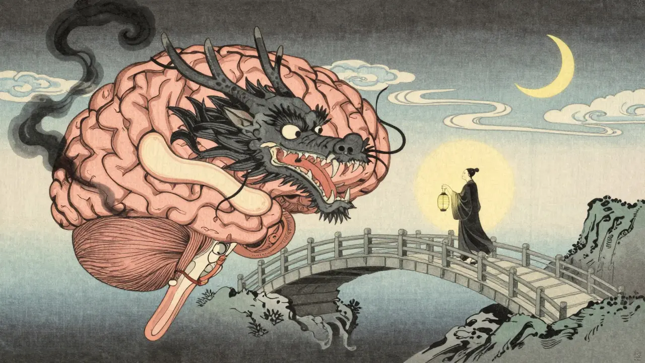 Mozek jako krajina v japonském stylu: drak z kouře, zlomený most a mnich s lucernou, která osvětluje cestu k hojení.