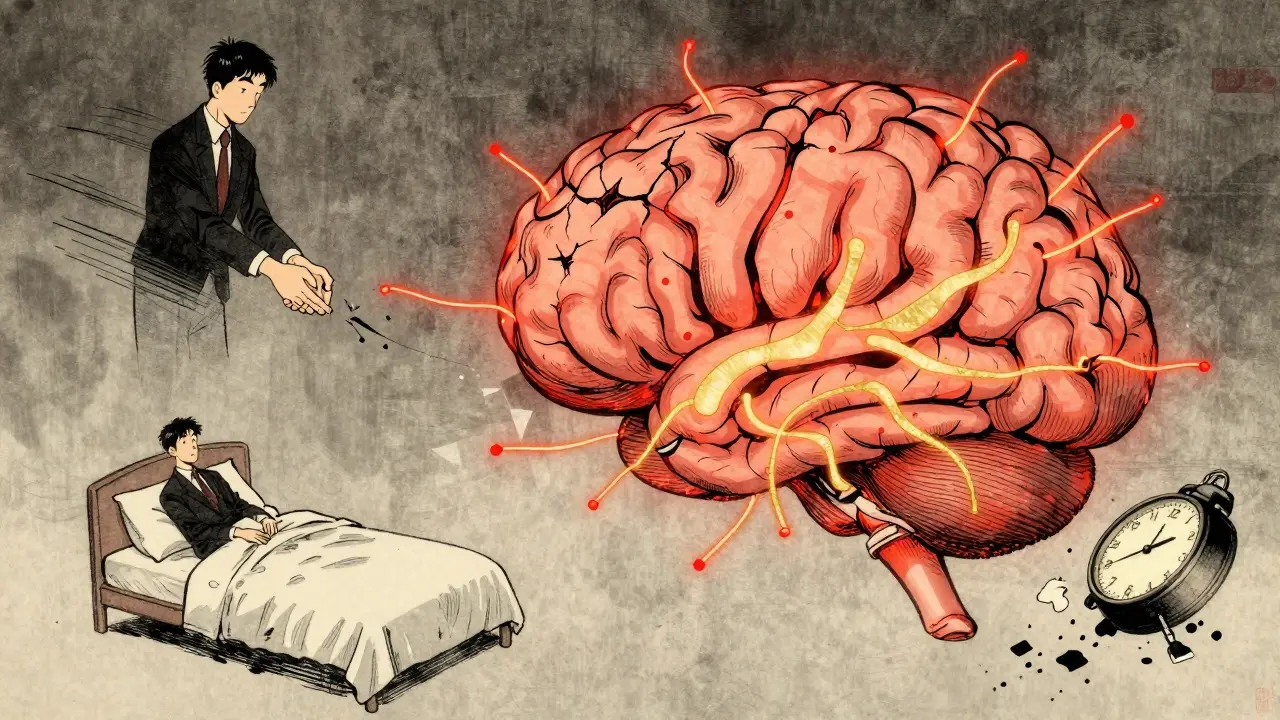 Mozek jako lanternu s prasklinami, kolem něj scény ztráty vztahů a času.