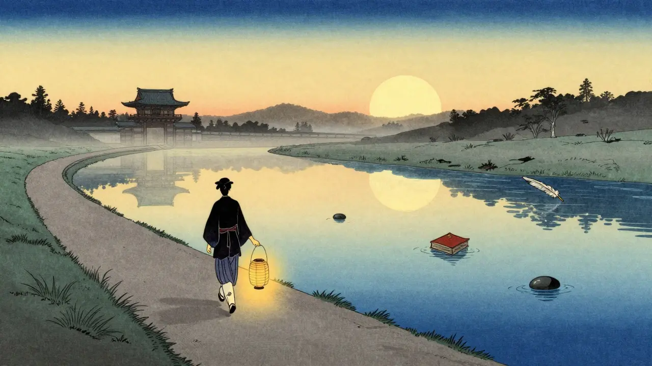 Osoba jde po břehu řeky v ranním světle, za ní se mihotí vzdálená brána, před ní nová cesta.