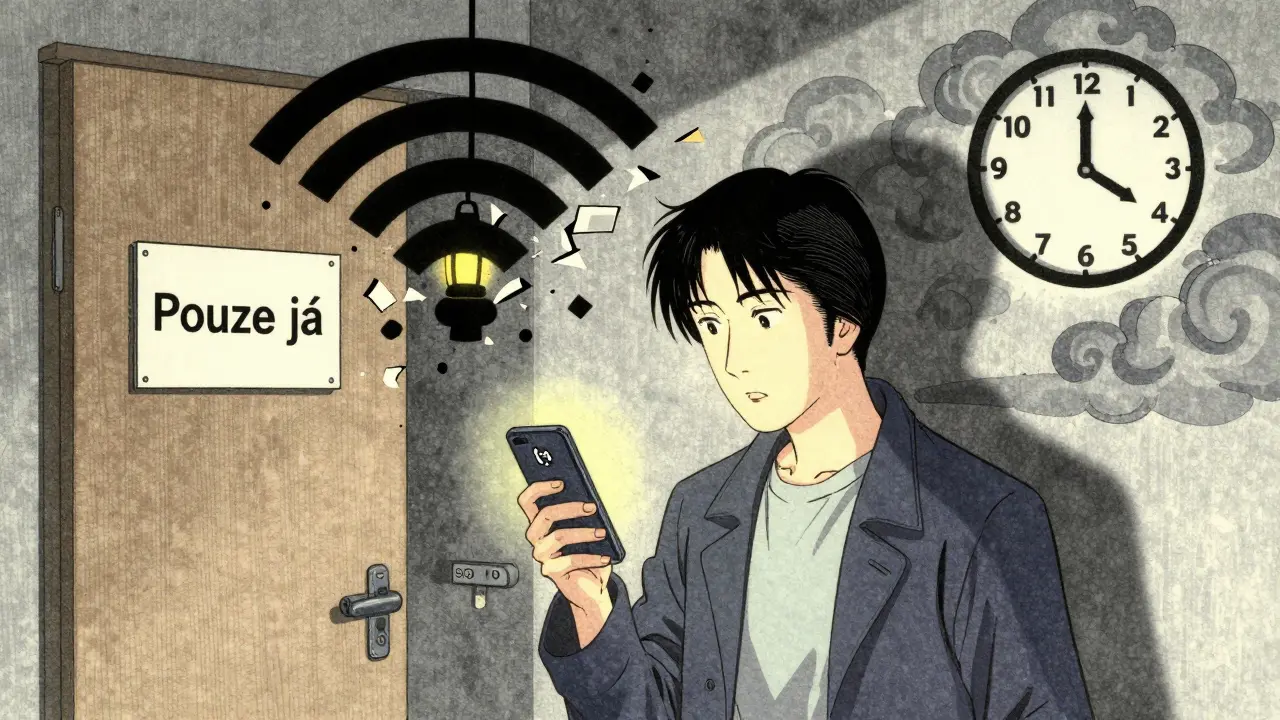 Osoba má připravený záložní hovor a uzavřené dveře pro soukromí.