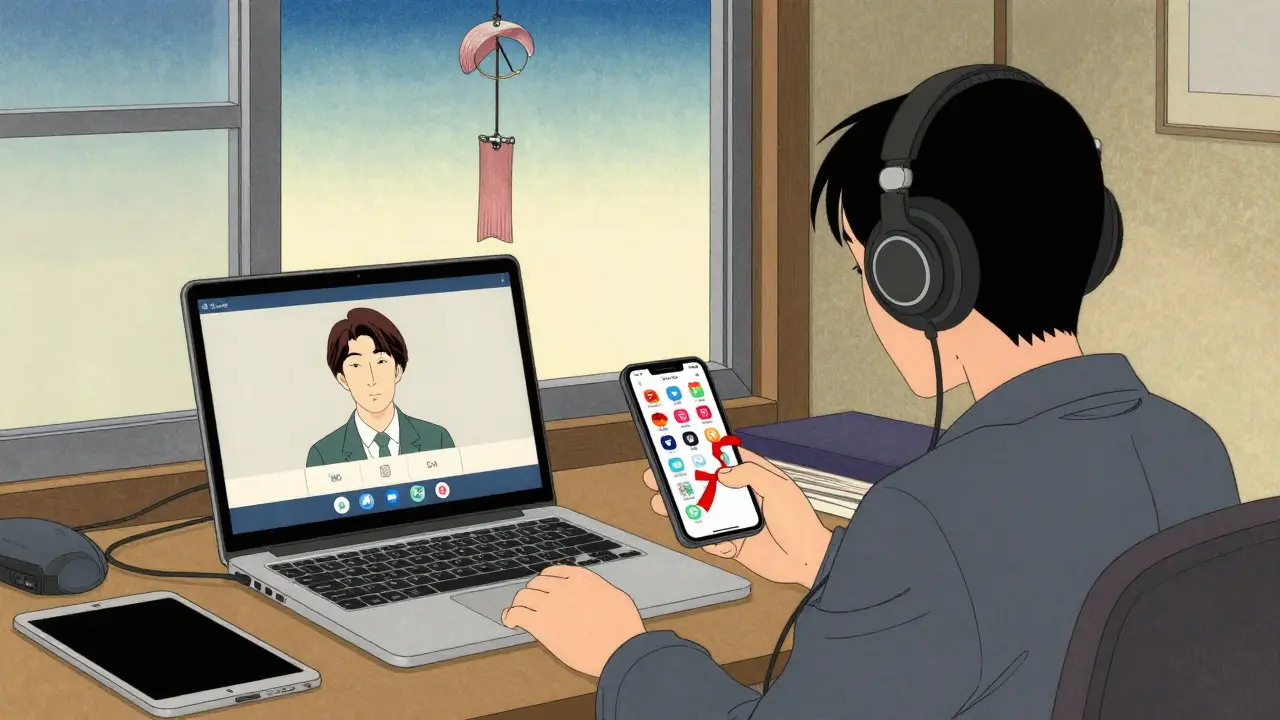 Osoba má vypnuté notifikace a používá sluchátka během online terapie.