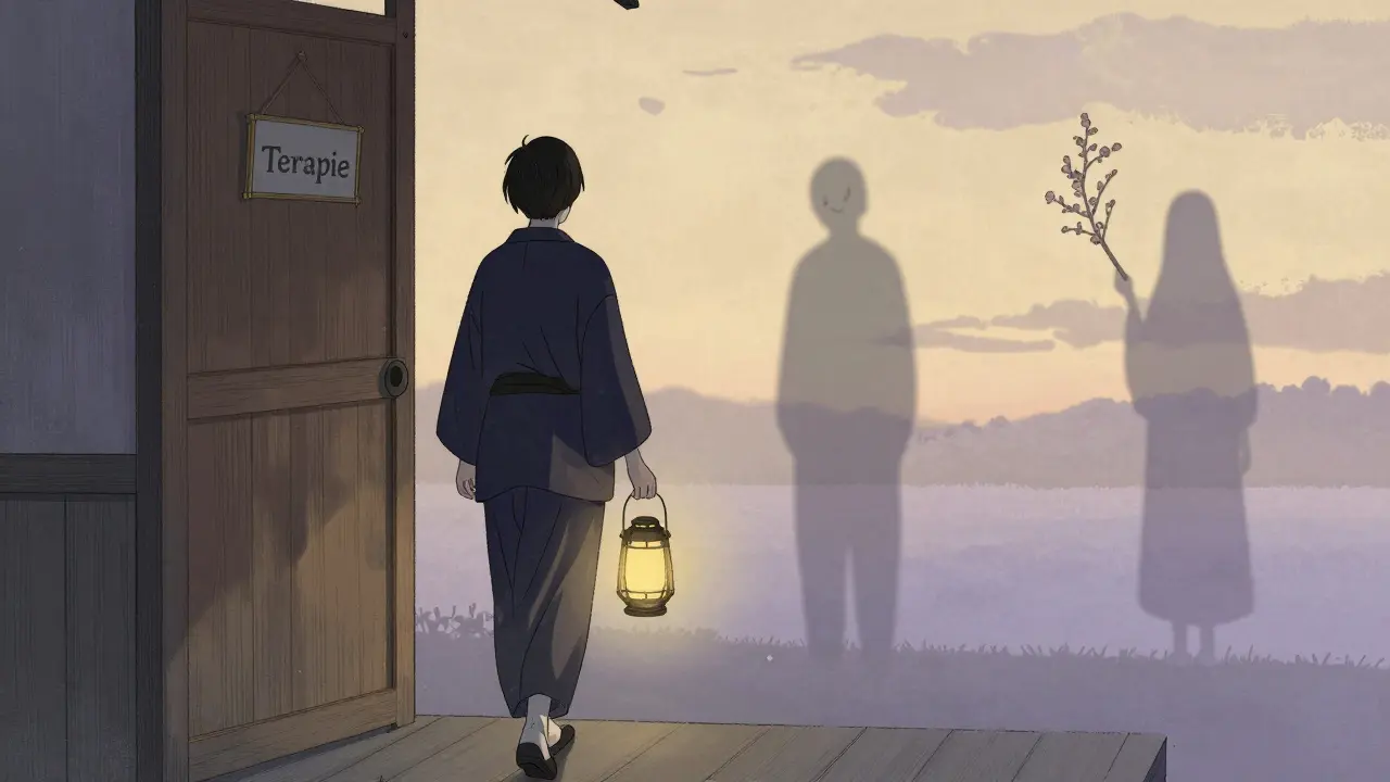 Osoba odchází z terapeutické místnosti, za ní tři stíny reprezentují různé reakce po prvním setkání.
