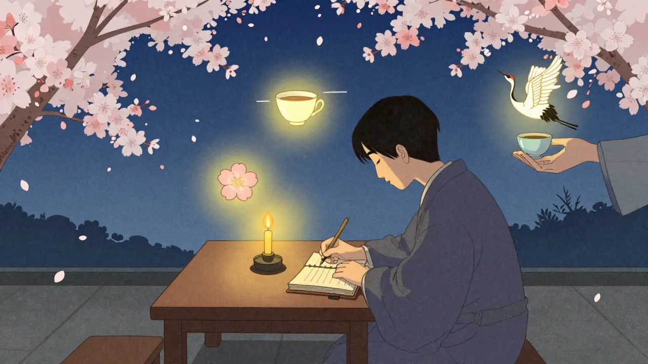 Osoba píše do deníku večer s třemi symboly nad hlavou: šálek, květina a dech.