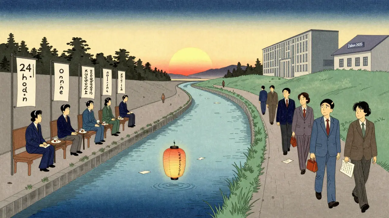 Řeka odděluje terapeuty od klientů, zatímco lampion s výzvou k přečtení smlouvy plave dolů.