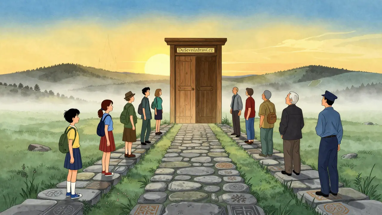 Různí lidé jdou po cestě k dveřím s nápisem 'Duševnízdraví.cz', slunce nad nimi září.