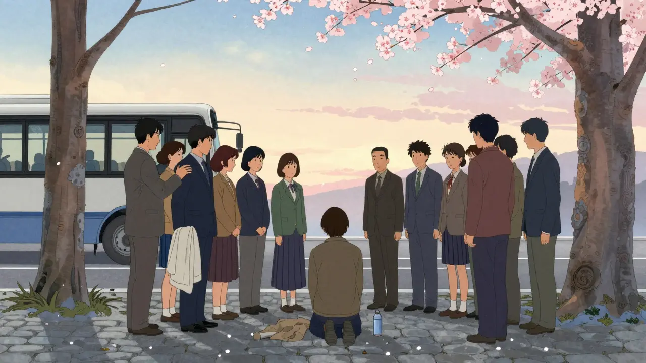 Skupina běžných lidí tichy podporuje křečovitě sevřenou osobu pod stromem, bez doteků, jen s jemnými gesty.