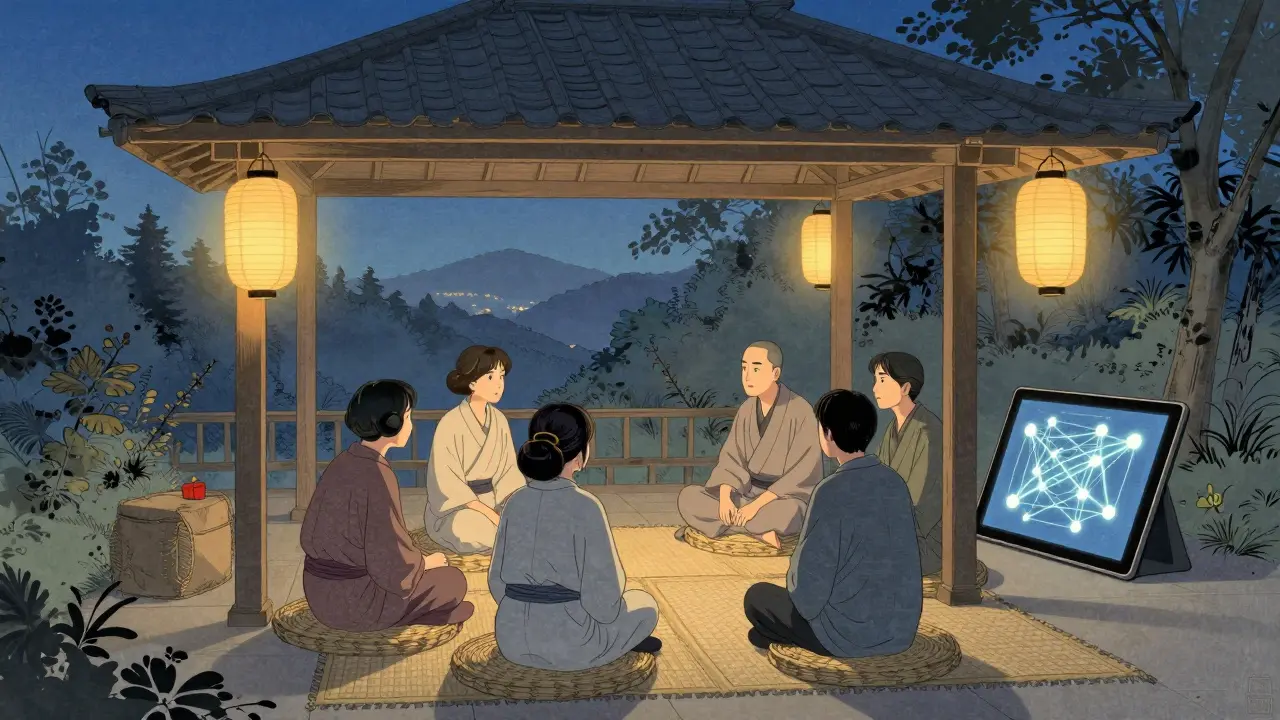 Skupina lidí se sešla večer pod pavilonem, zatímco digitální síť svítí jemně vedle.