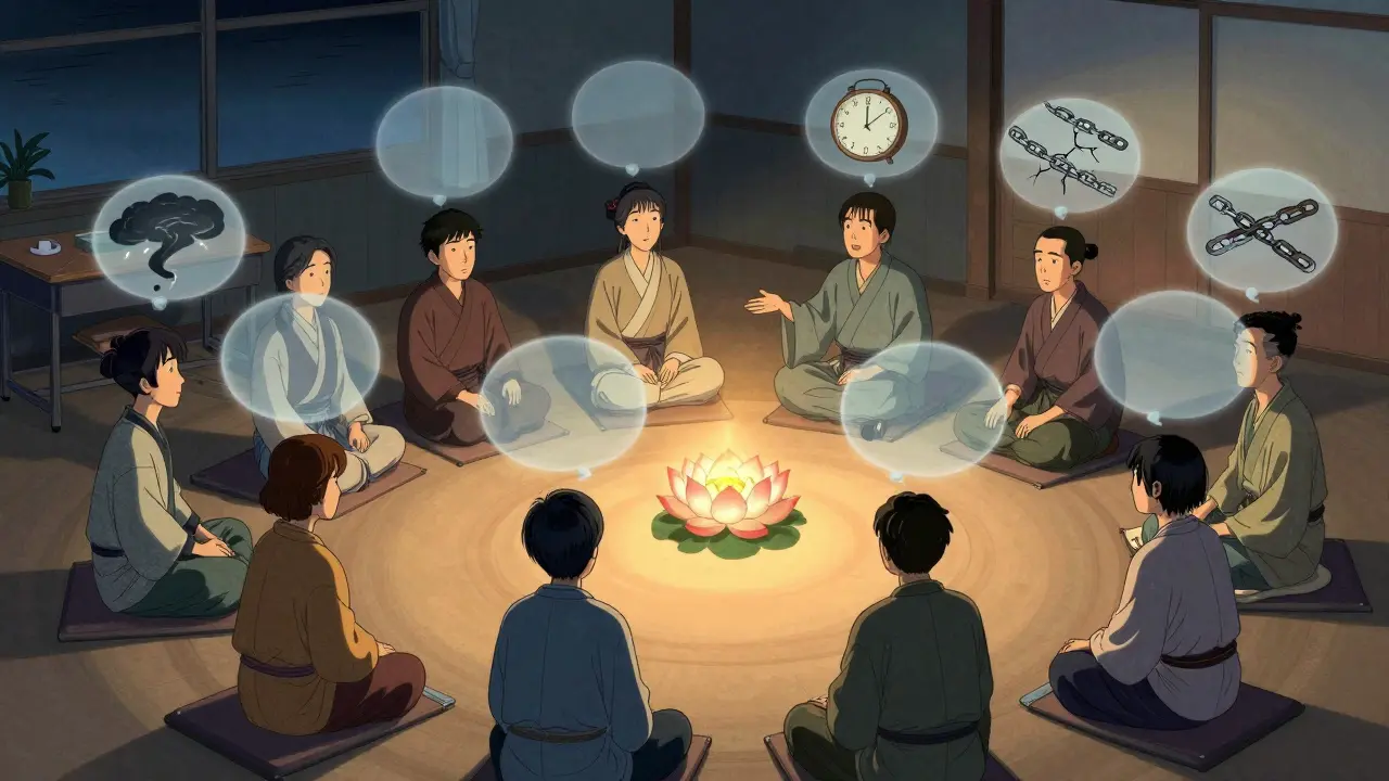 Skupina účastníků MBCT v kruhu, nad jejich hlavami plují myšlenky jako průhledné obrazy.