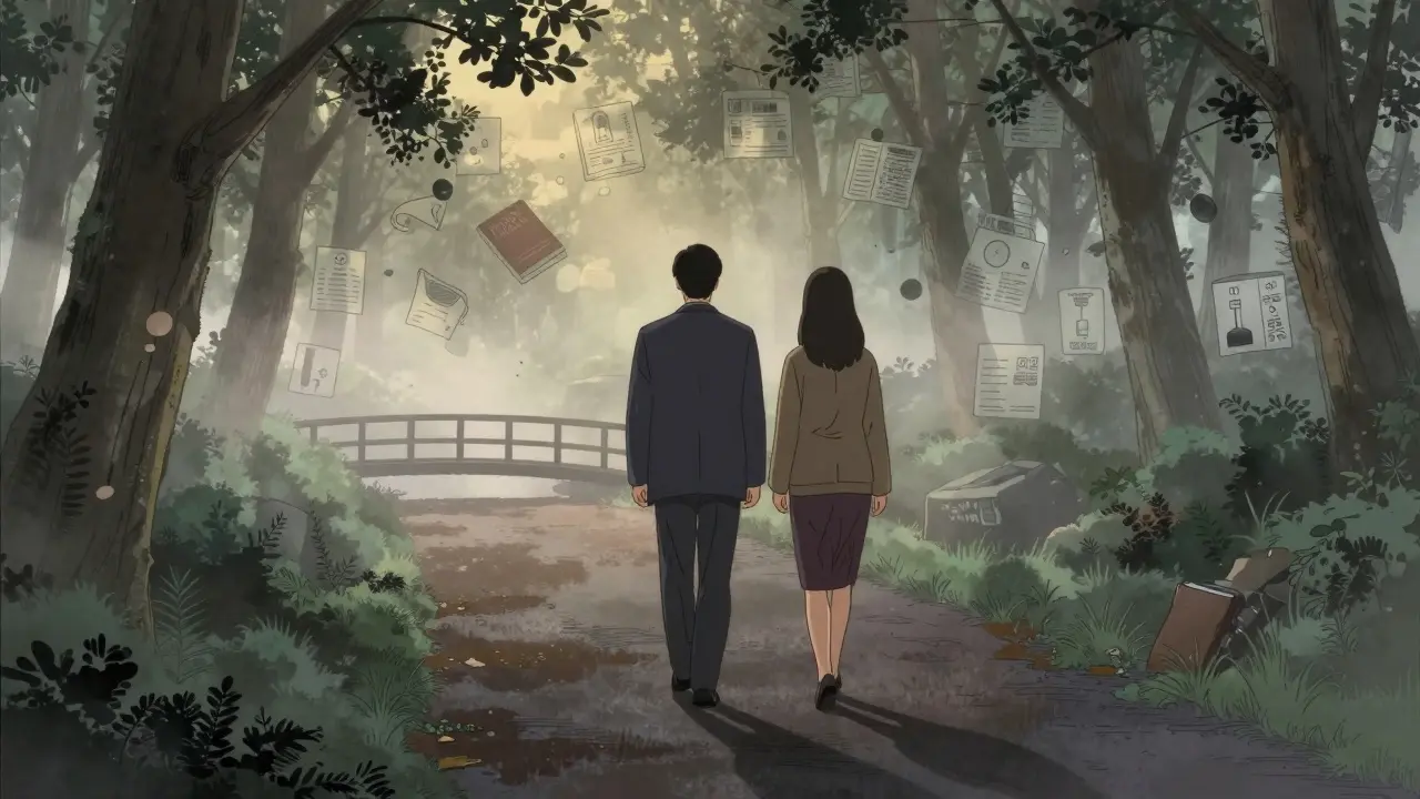 Terapeut a klient jdou společně lesní cestou, jejich stíny se spojují — metafora cesty k sobě samotnému.