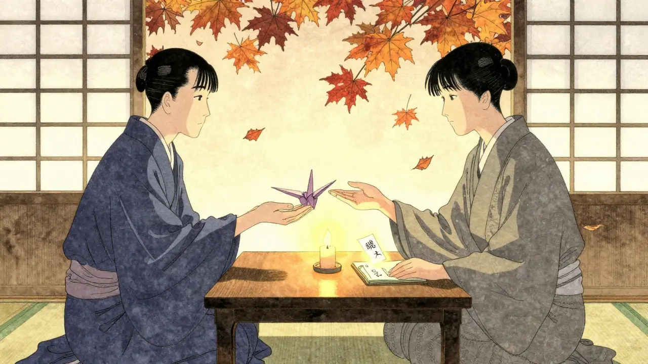 Terapeut a klient sedí u stolu, sdílejí tichý okamžik, terapeut podává papírového žuravíka.