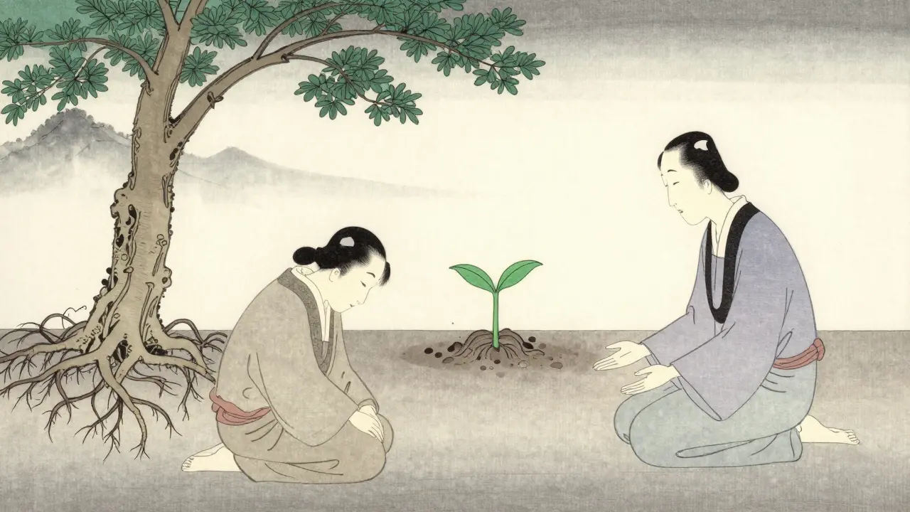 Terapeut a klient v klidné místnosti, strom s výhonkem růstá z podlahy jako symbol změny.