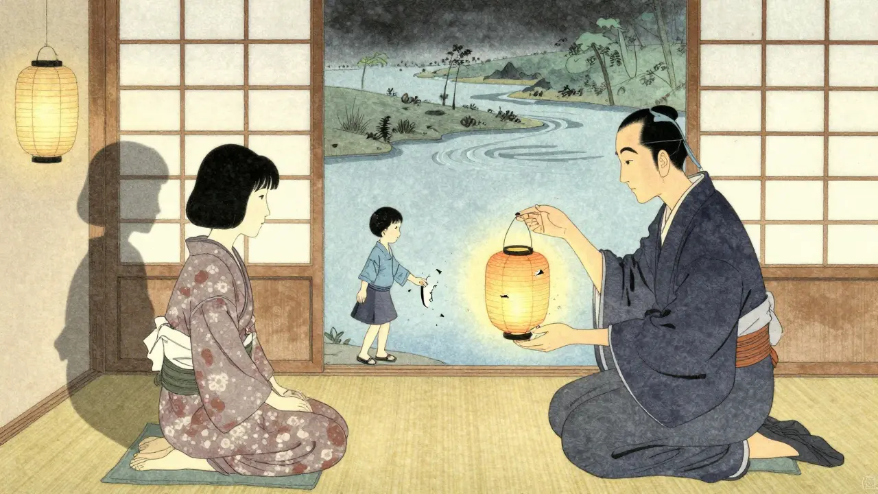 Terapeut a pacient sedí v klidné místnosti s čínskými záclonami, jejich stíny na zdi ukazují změnu z rozpadu na útěchu.