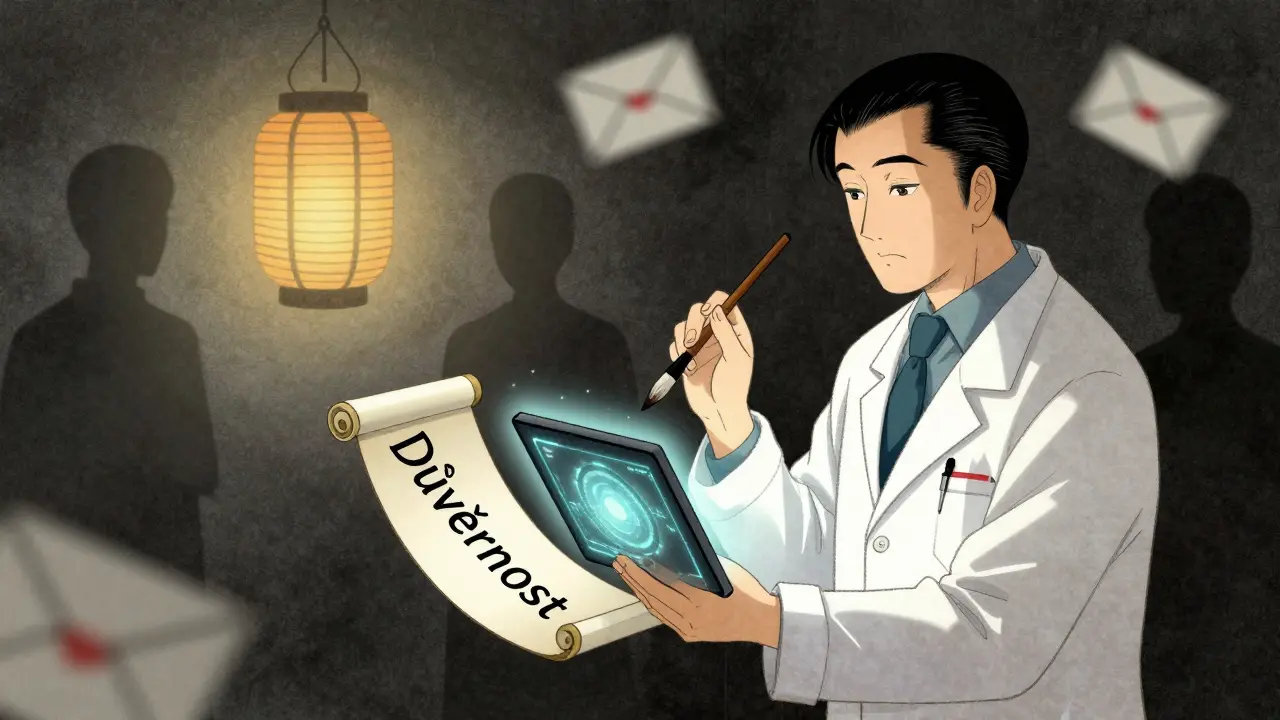 Terapeut drží šifrovaný tablet a větřík, zatímco neoprávněný e-mail putuje do tmy.