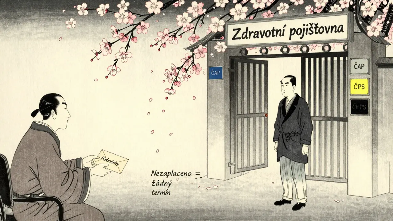 Terapeut předává klientovi smlouvu, zatímco před ním stojí brána s registračními organizacemi.