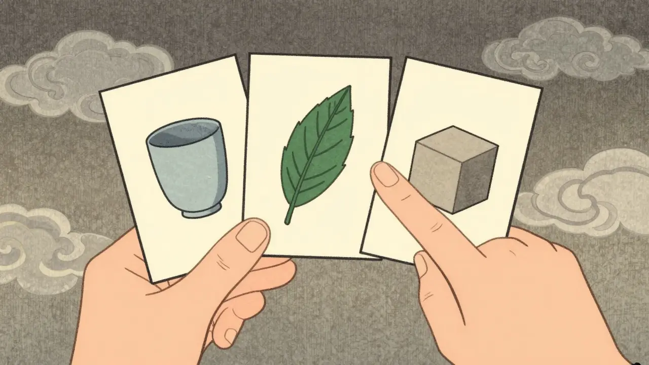 Terapeut ukazuje karty s obrázky pro senzomotorický trénink