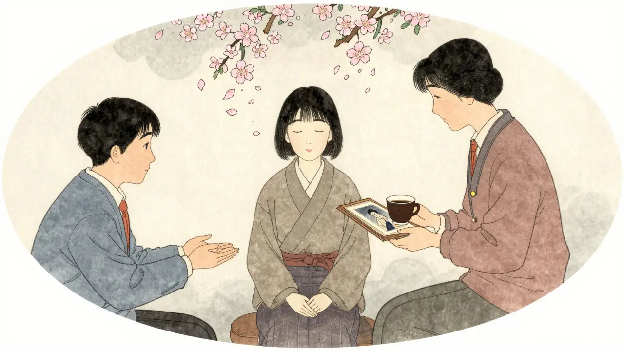 Tři lidé z různých sfér života podporují jednu osobu, symbolizovanou květy jáhly.