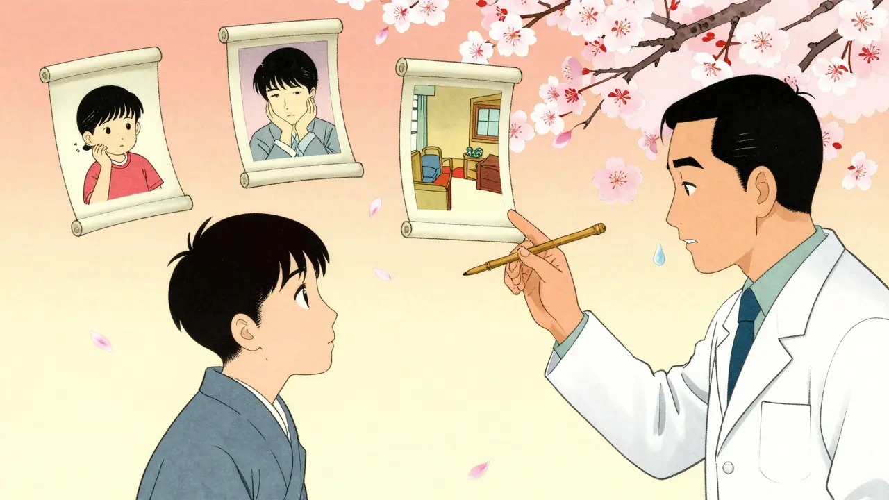 Vnitřní myšlenky osoby jako plující papírové svitky s dětstvím a emoce, terapeut ukazuje na jednu z nich.