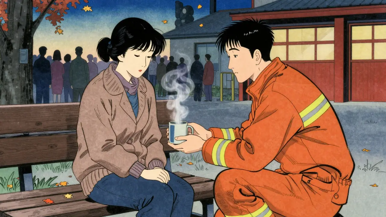 Záchranář podává teplou kávu ženě na lavičce ve večerním světle, teplo a klid jsou v každém detailu.