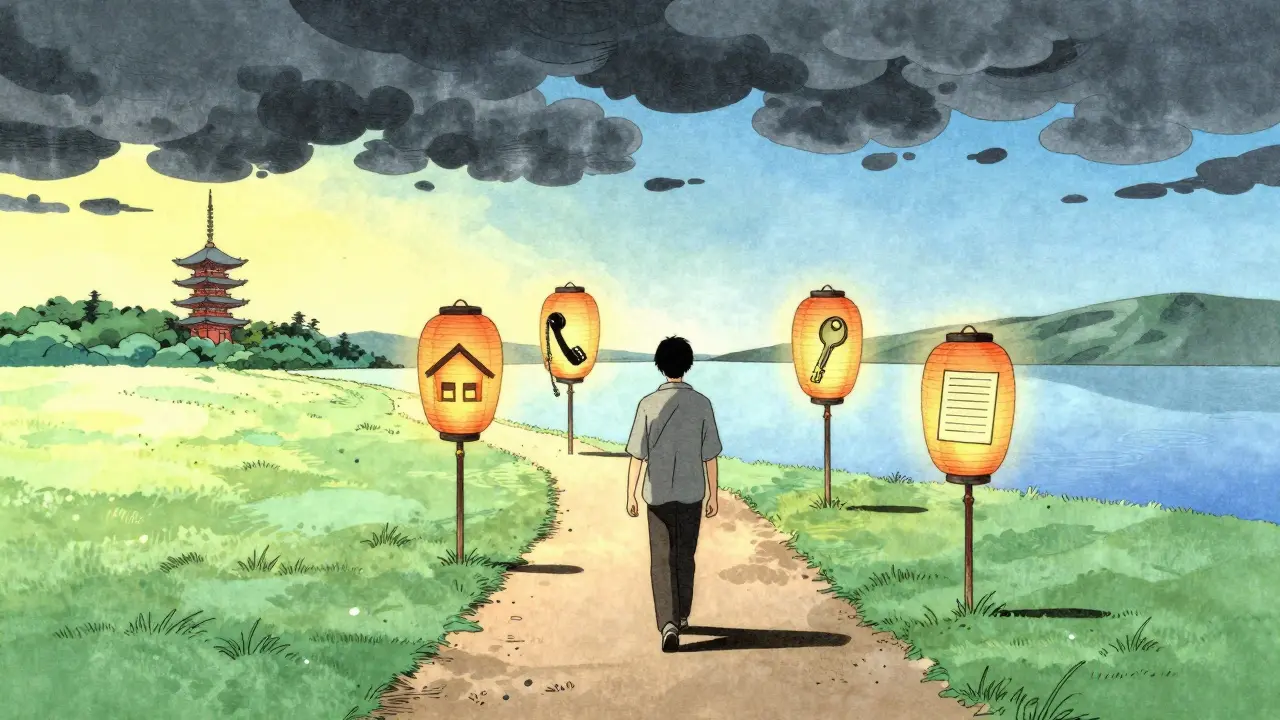 Cesta z temnoty ky světlým krajině s lampiony symbolizujícími bezpečí.