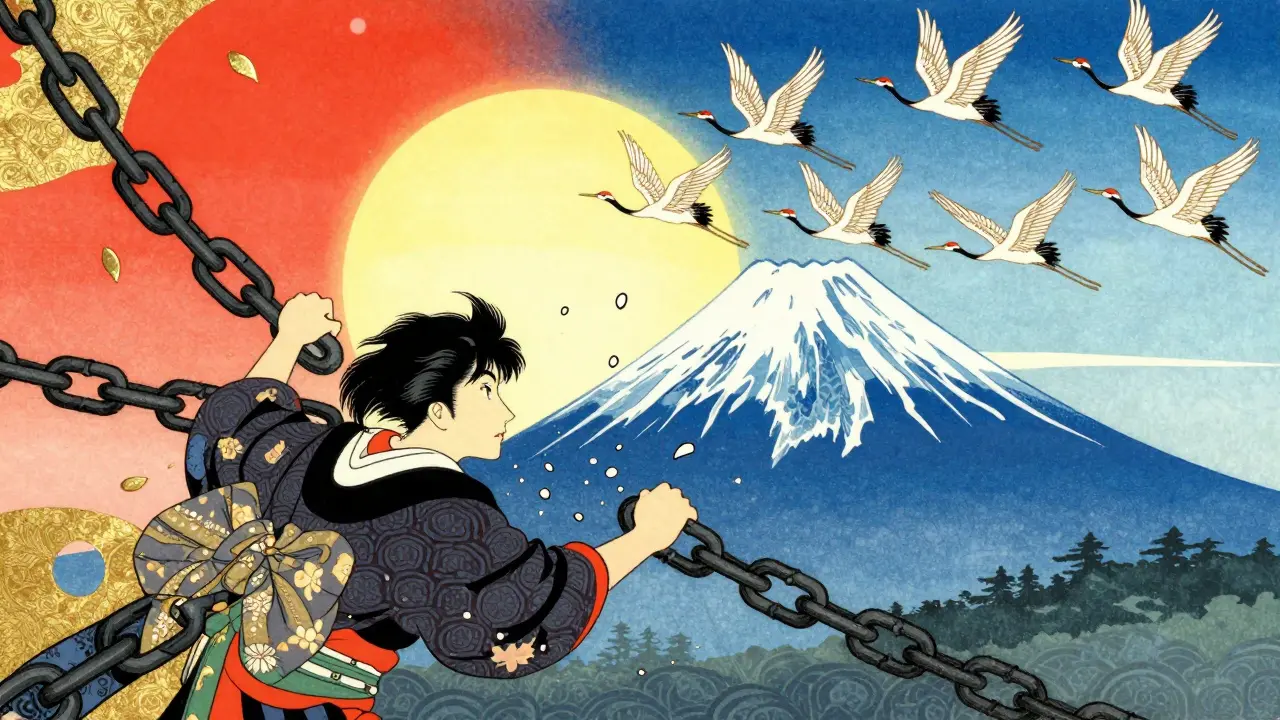 Člověk rozbíjející řetězy stigmatu a uvolňující barevné jeřáby k východní slunci.