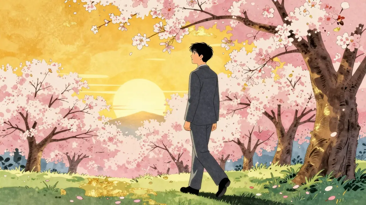 Člověk s pocitem vnitřního klidu kráčející vstříc novému začátku.