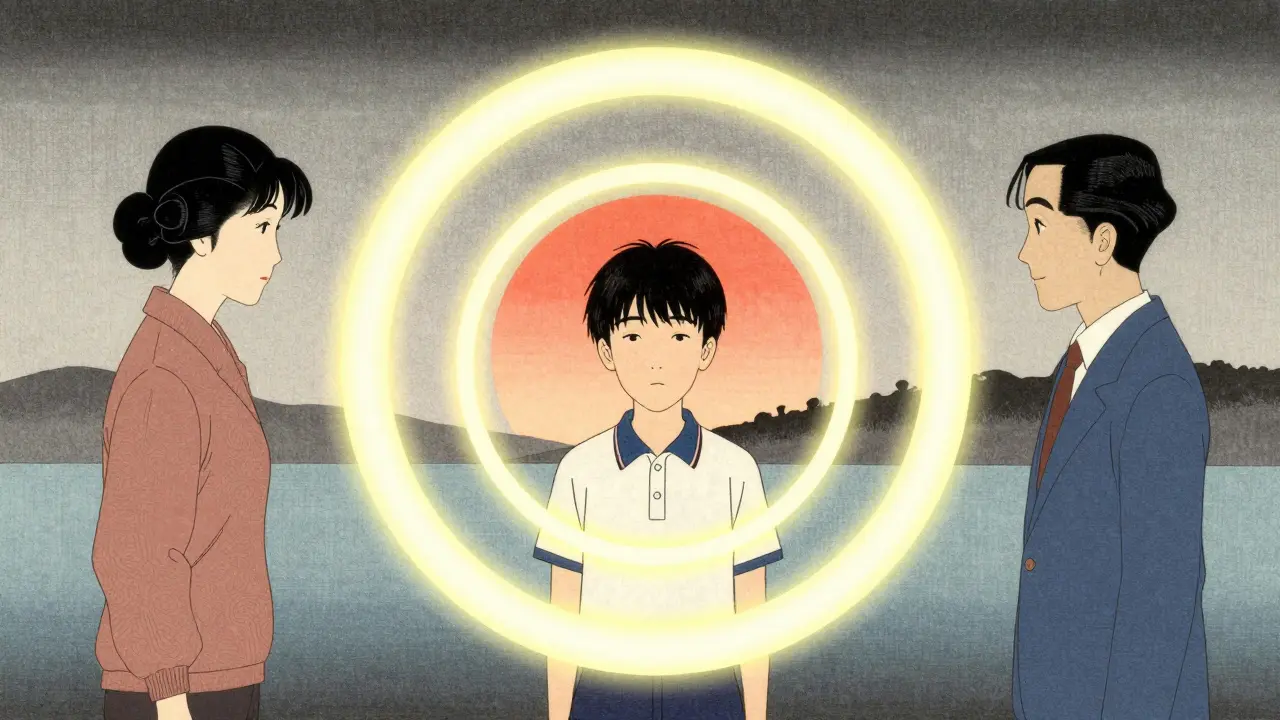 Dospívající obklopený ochranným kruhem podpory rodičů, školy a terapeuta.