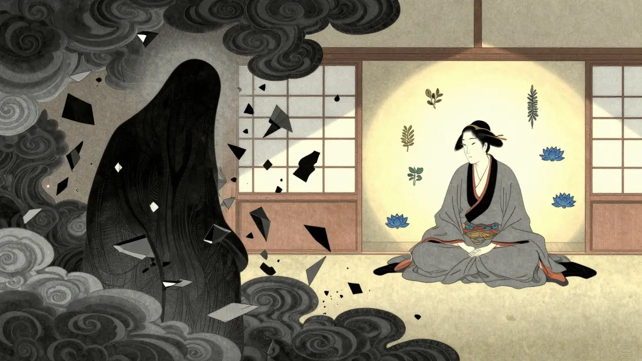 Ilustrace přechodu z psychického chaosu do stabilního a bezpečného prostředí kliniky.