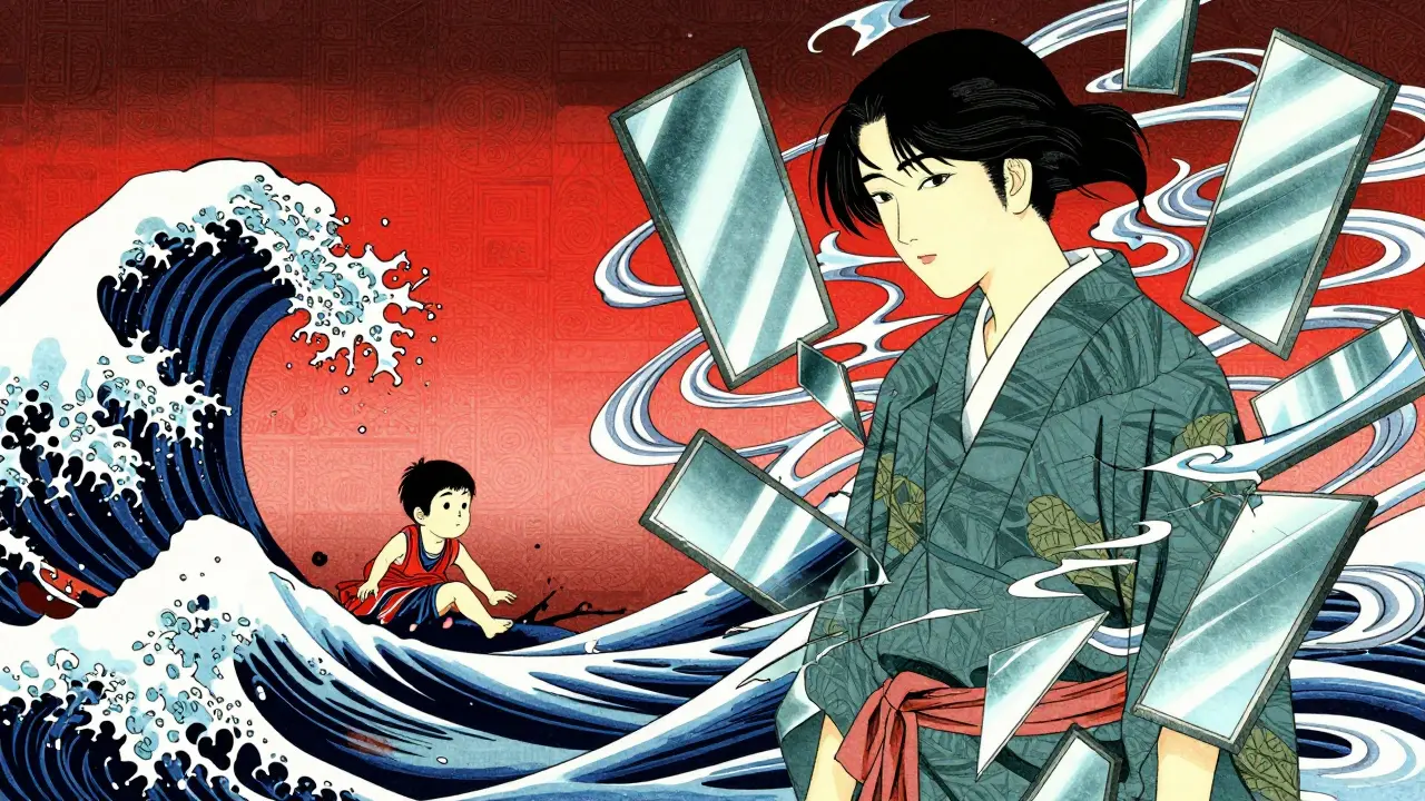 Ilustrace v japonském stylu znázornující vliv childhood traumatu na dospělého.