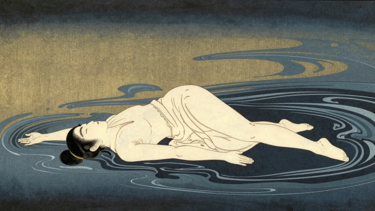 Ilustrace v stylu Ukiyo-e znázornující relaxační pozici Jin jógy a působení gravitace.