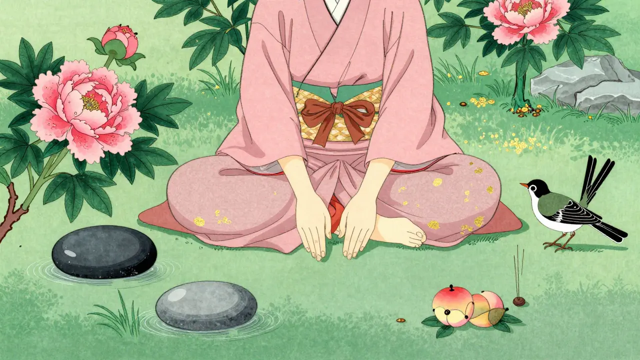 Klidná scéna osoby praktikující uzemnění v zahradě ve stylu Ukiyo-e.