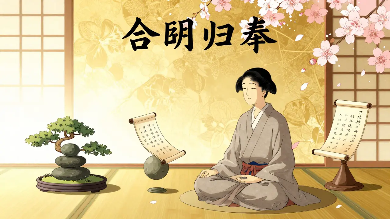 Klidná scéna znázorňující vnitřní rovnováhu a integraci různých terapií.