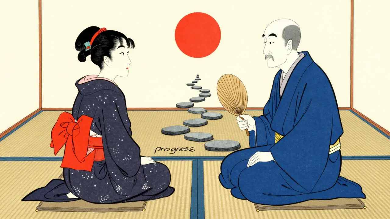 Klidná terapie s vizuální metaforou pokroku a léčby v japonském stylu.