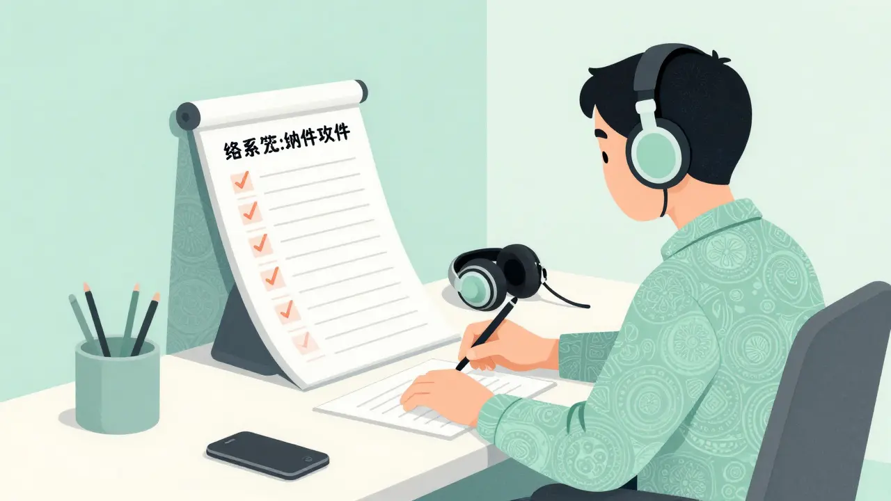 Klidné pracovní prostředí s vizuálním seznamem úkolů a sluchatky pro potlačení hluku.