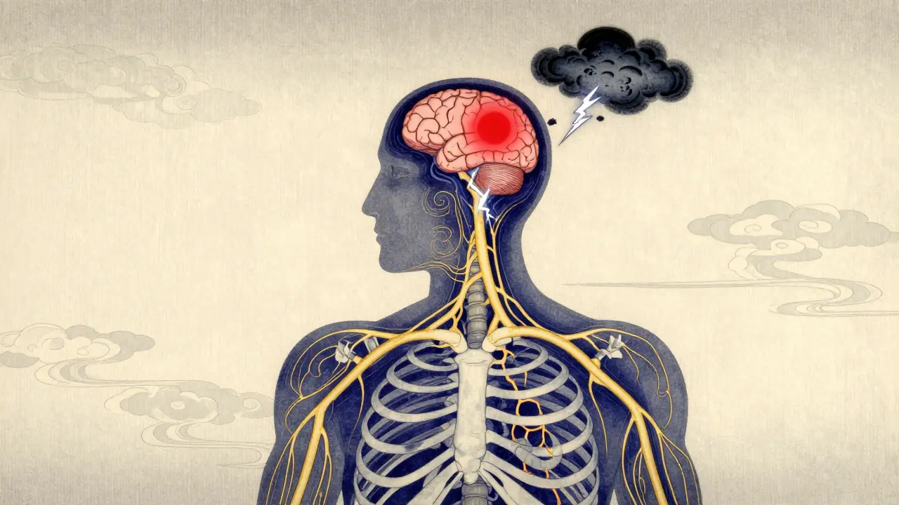 Konceptuální zobrazení aktivovaného stresového centra v mozku v japonském stylu.