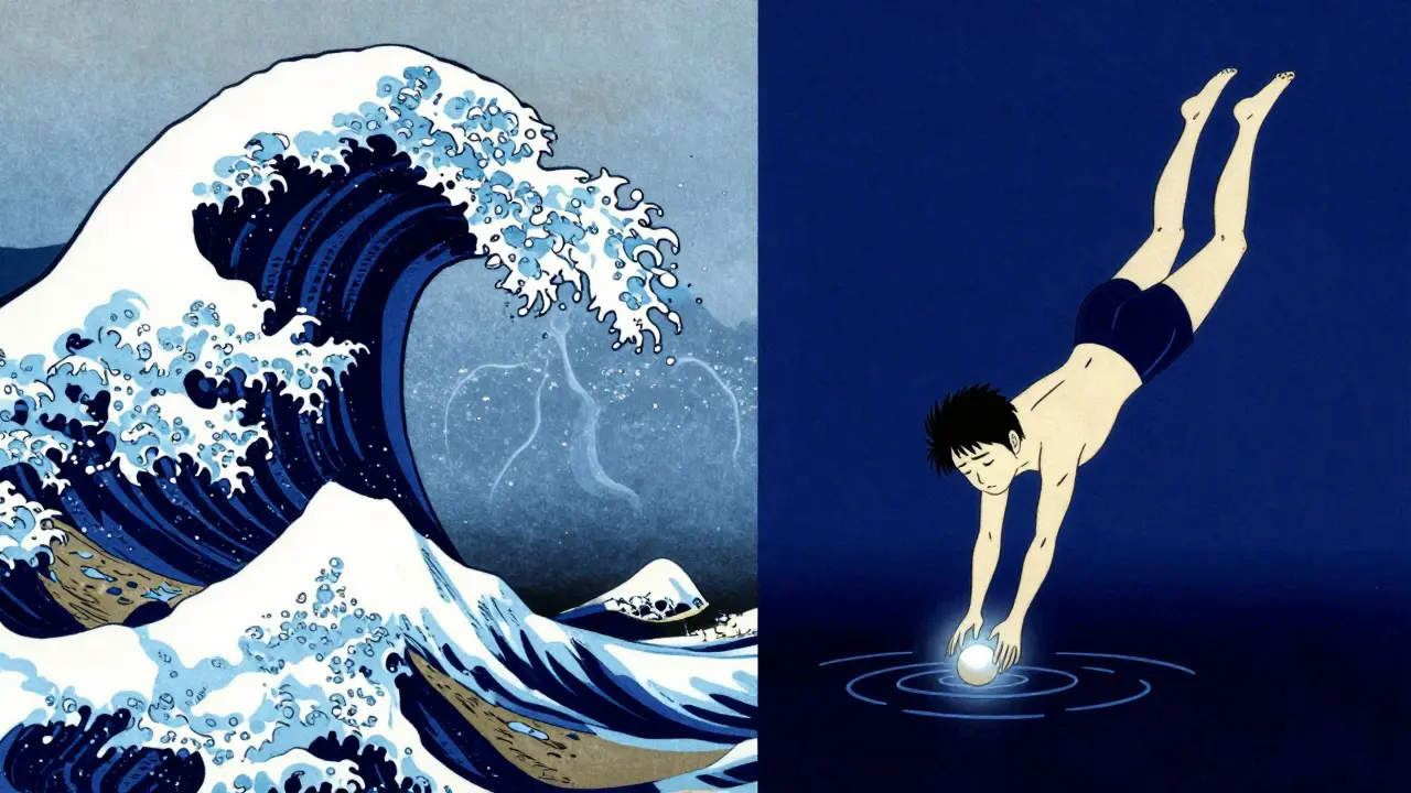 Konceptuální zobrazení expozční terapie a hloubkové analýzy nevědomí.