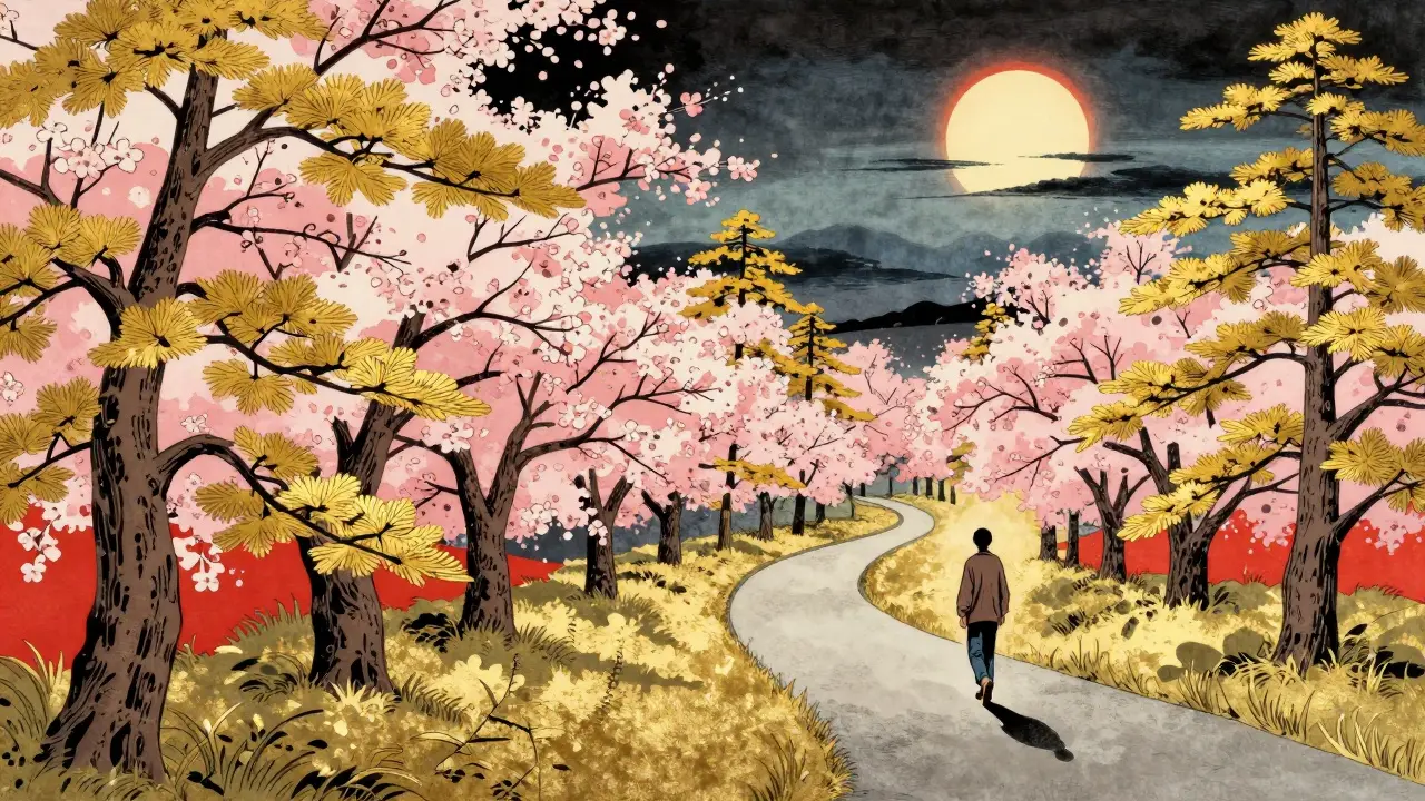 Kresba cesty k uzdravení s rozkvetlými třešněmi v Ukiyo-e stylu.