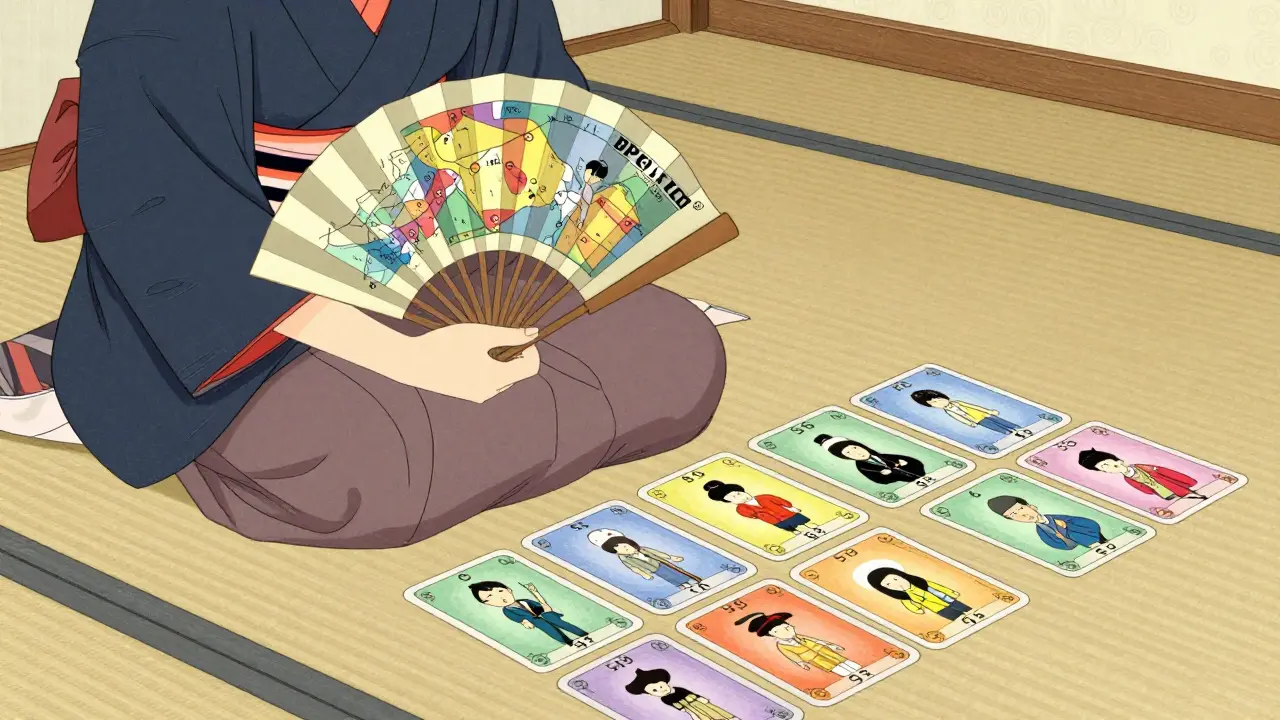 Kresba poradce s diagnostickými nástroji a kartami 5S v tradičním japonském stylu.