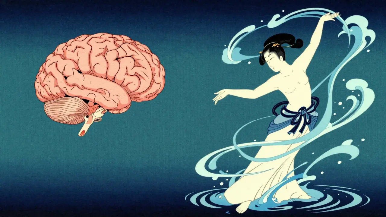 Kresba znázornující uvolňování stresové energie z těla pomocí pohybu v japonském stylu.