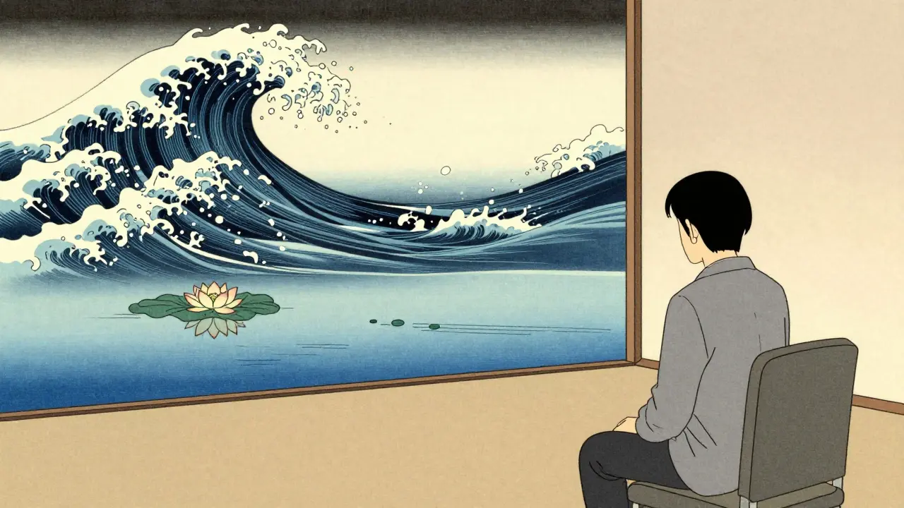 Metaforický obraz terapeutického rozhovoru s přechodem od bouřlivého moře k klidnému jezírku.