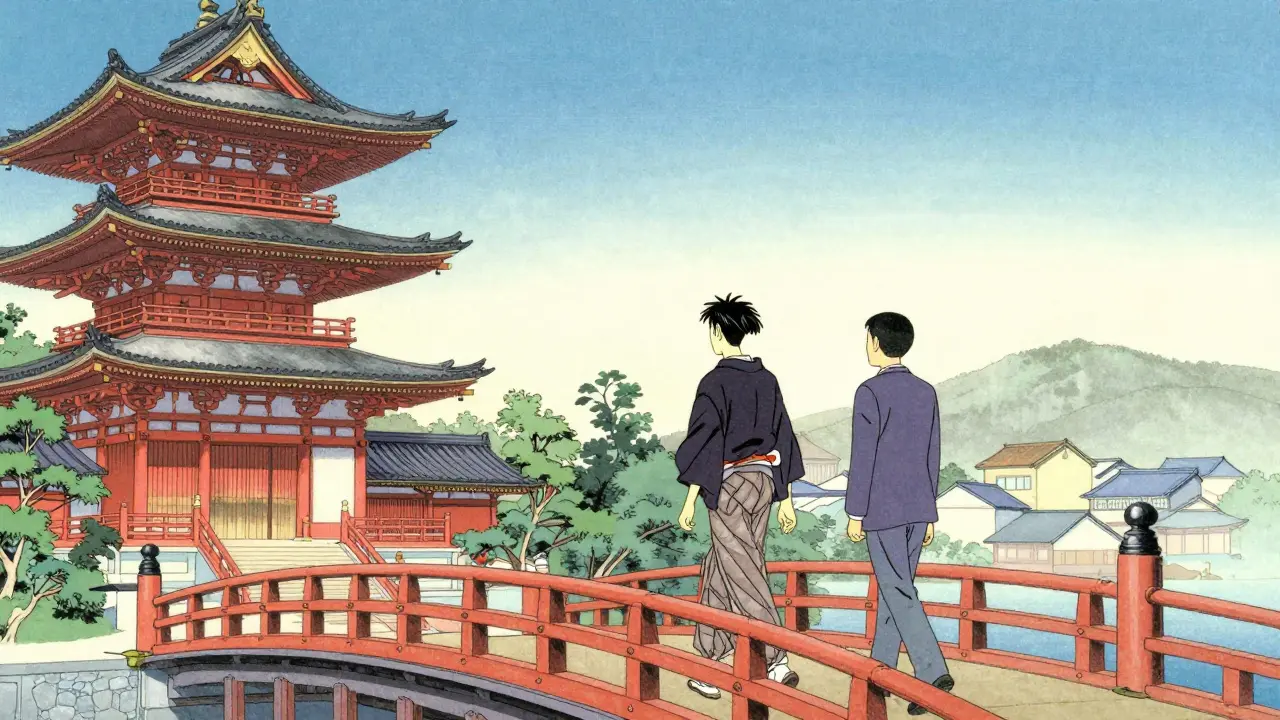 Osoba přecházející po mostě z léčebného centra zpět do společnosti s terapeutemC