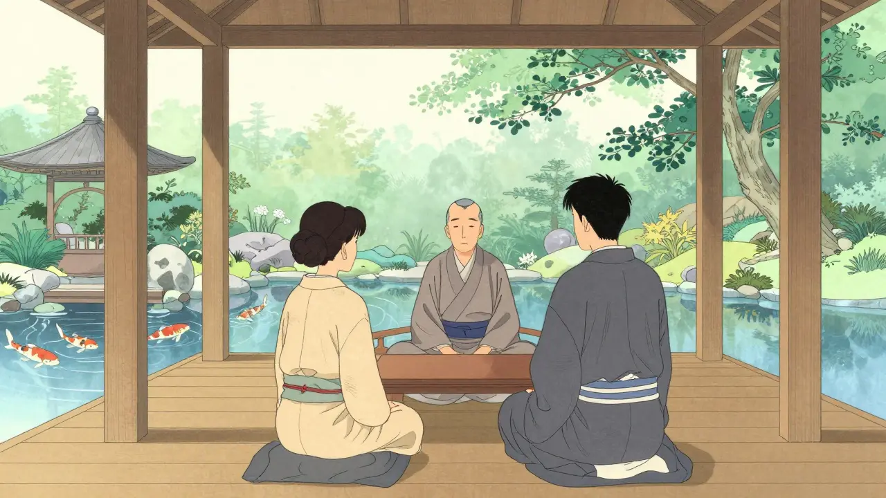 Pár a terapeut v zenové zahradě symbolizující porozumění a klid.