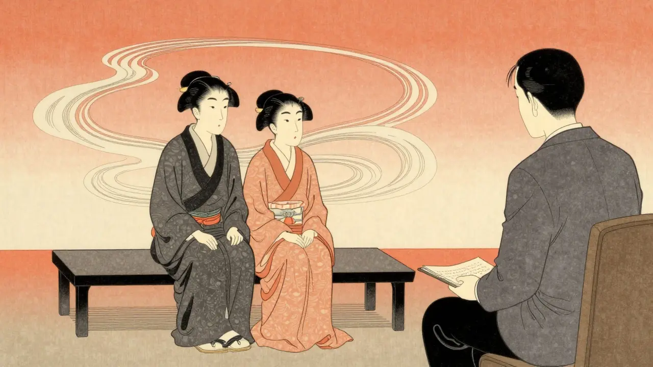 Párová terapie znázorněná v Ukiyo-e stylu, znázornující komunikaci a hledání harmonie ve vztahu.