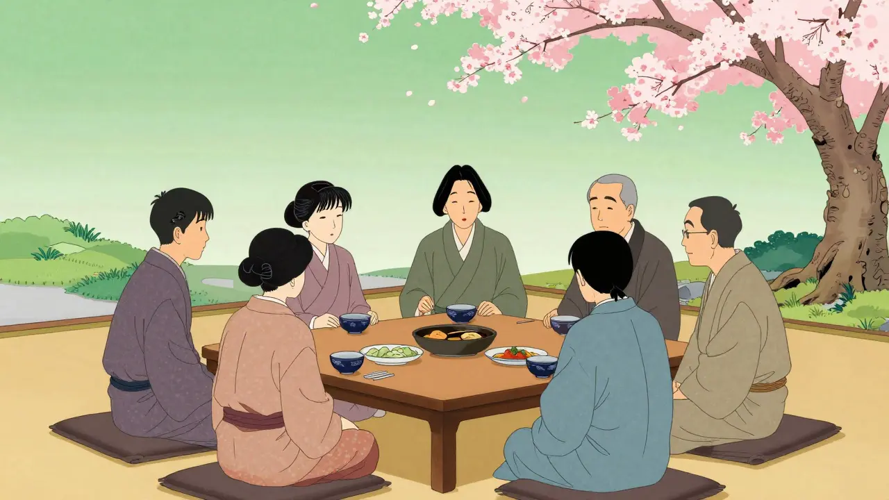 Skupina lidí při společném, klidném jídle v minimalistickém prostředí.