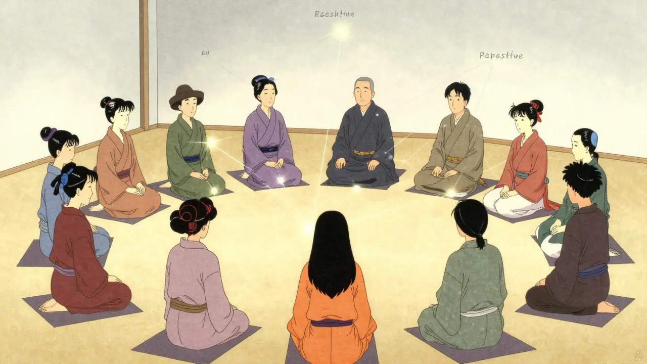 Skupina lidí při terapeutickém sezení rodinných konstelací v minimalistickém stylu.