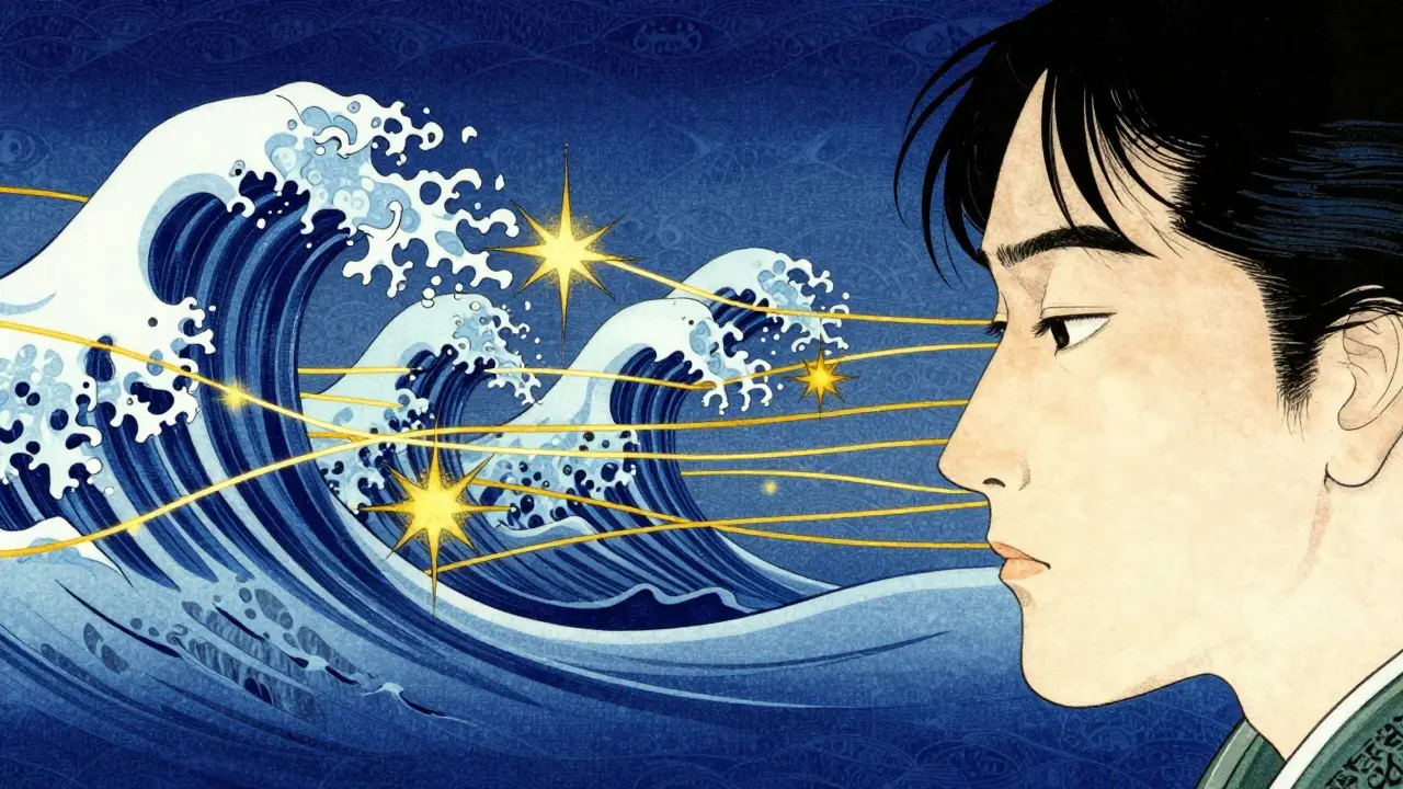 Stylizovaná ilustrace procesu EMDR terapie s důrazem na bilaterální stimulaci a zpracování traumatu.