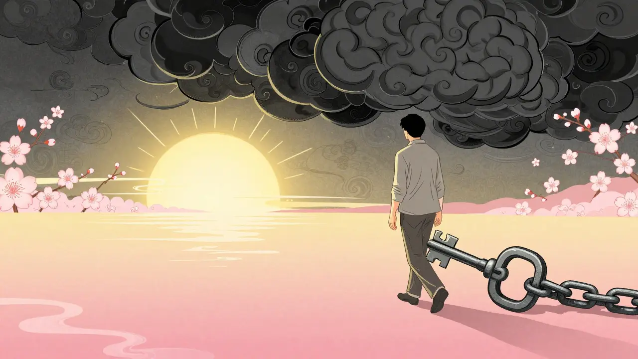 Stylizovaný obraz v stylu Ukiyo-e znázornující cestu z temnoty k uzdravení a vnitřnímu klidu.