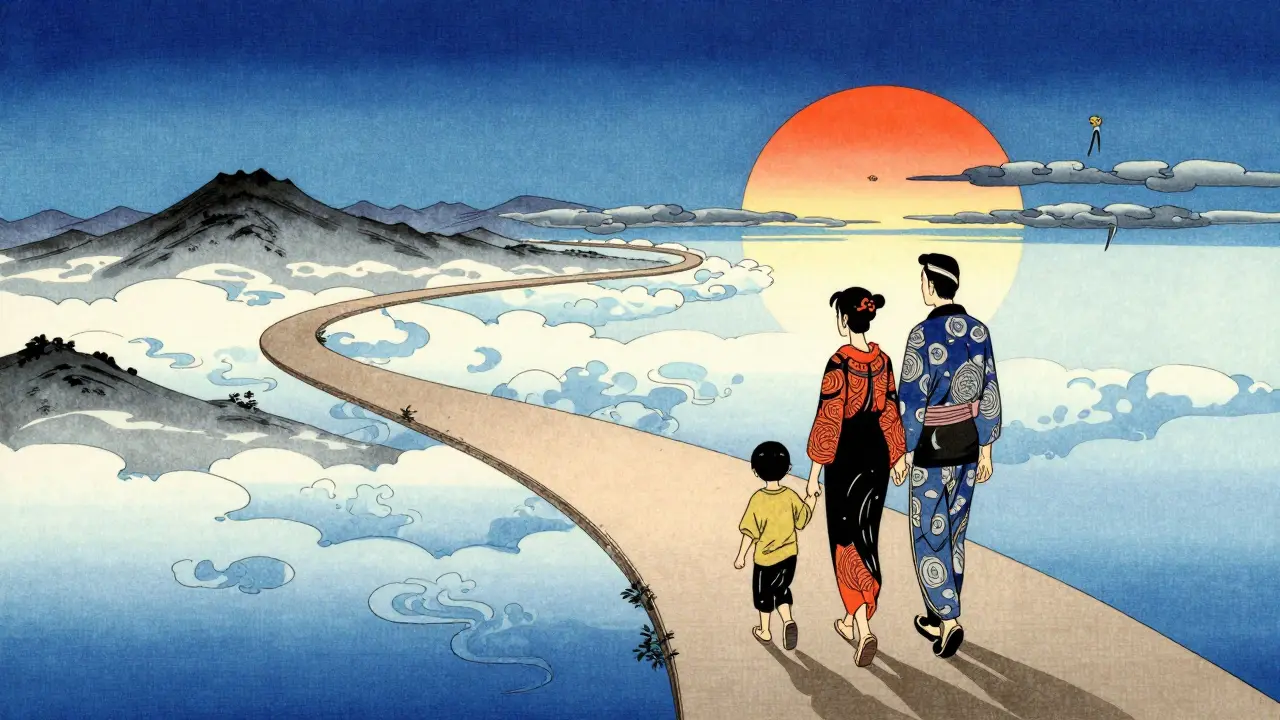 Symbolická cesta k uzdravení a společné podpoře rodiny v japonském stylu.