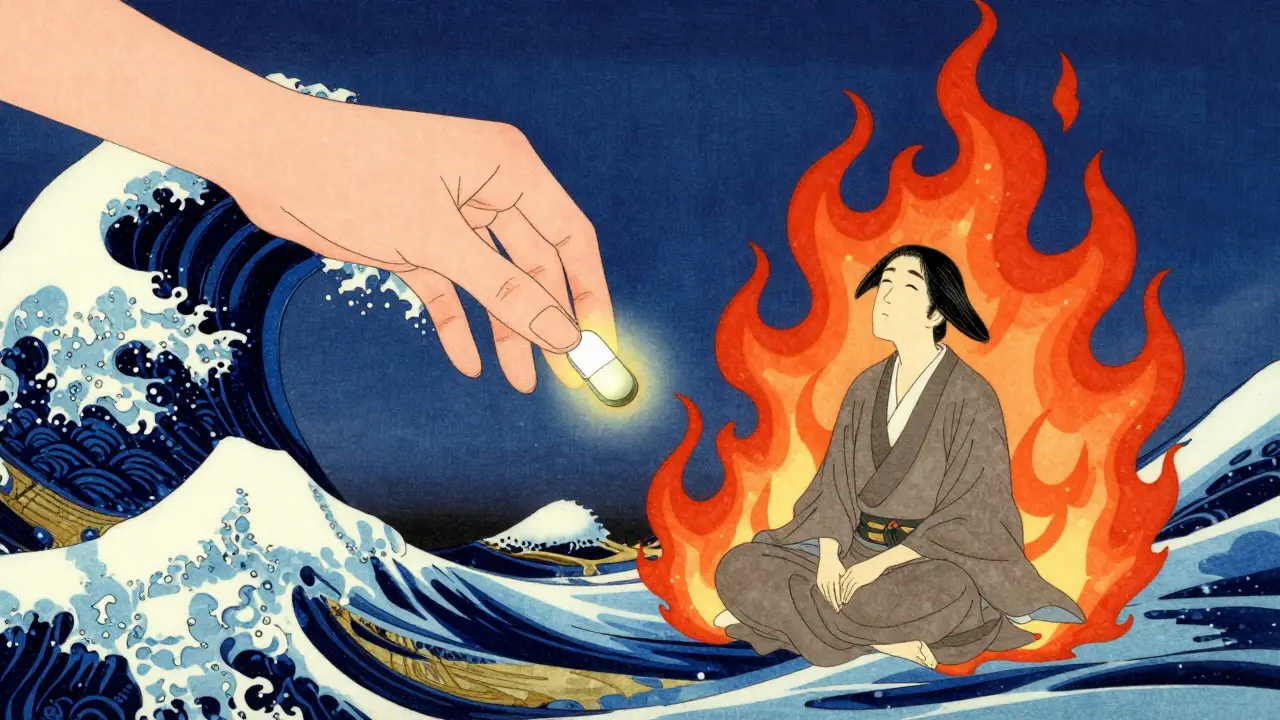 Symbolická scéna léků jako uklidňující voda hasící plameny úzkosti.