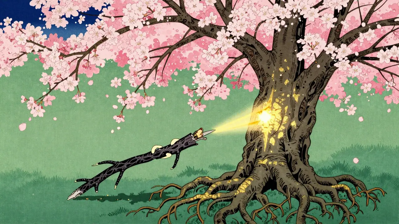 Symbolické uzdravování rodového stromu s kvetoucí třešní v japonském stylu.